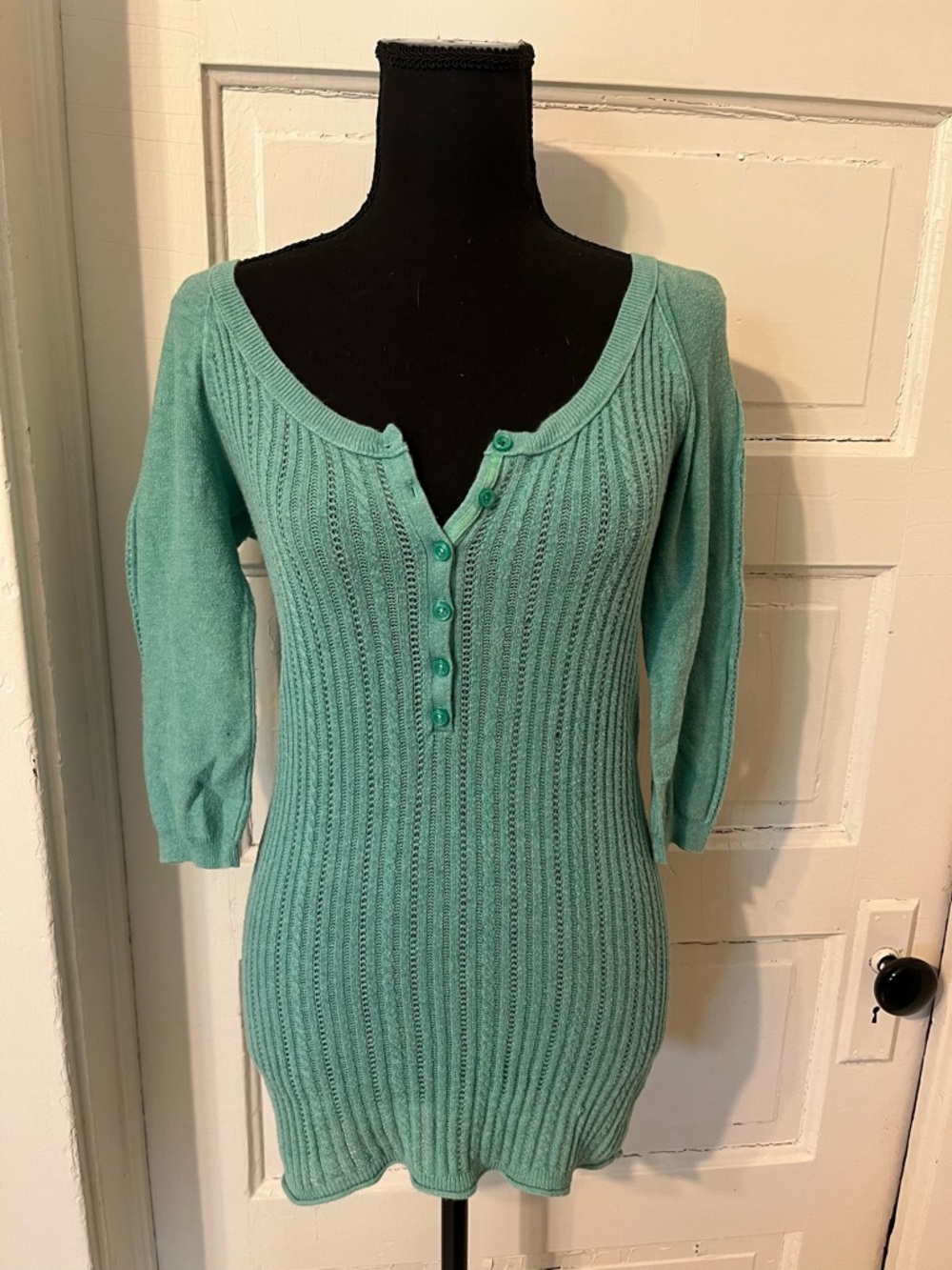 Vintage American Eagle Teal Ribbed Henley Sweater